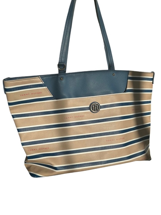 Tommy Hilfiger Handbags - Tommy Hilfiger Navy & Beige Striped Tote with Logo Accent